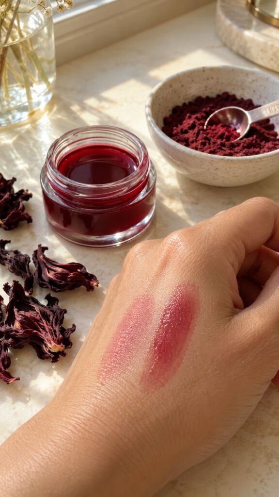 Curious about how to make beetroot powder lip stain? This DIY lip and cheek stain tutorial includes a beetroot variation alongside the hibiscus recipe, using vegetable glycerin and an optional drop of jojoba oil. Explore the ingredient measurements, straining method and layering tips for a buildable natural lip stain. Save the recipe and compare your own color swatches!