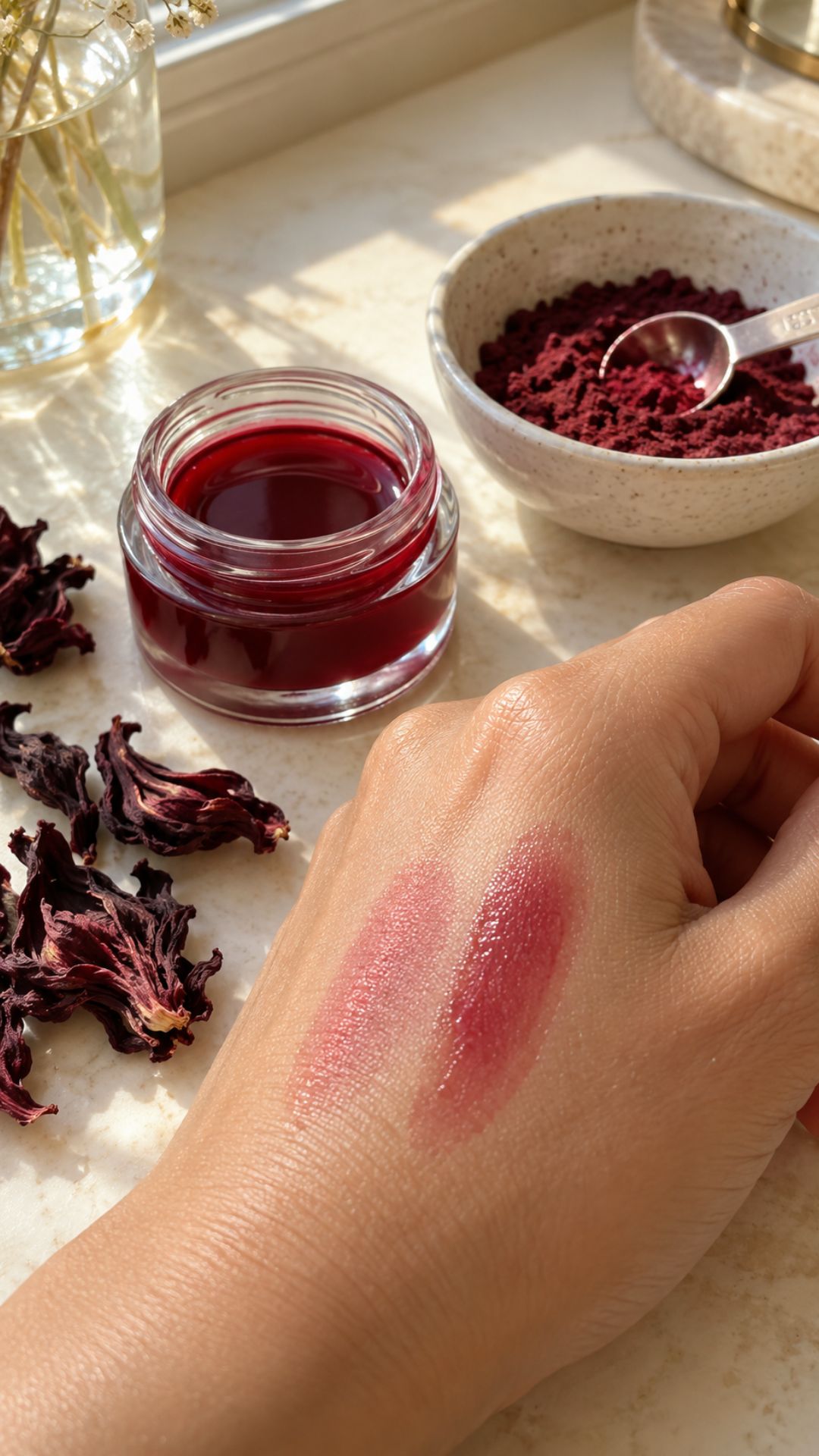 Curious about how to make beetroot powder lip stain? This DIY lip and cheek stain tutorial includes a beetroot variation alongside the hibiscus recipe, using vegetable glycerin and an optional drop of jojoba oil. Explore the ingredient measurements, straining method and layering tips for a buildable natural lip stain. Save the recipe and compare your own color swatches!